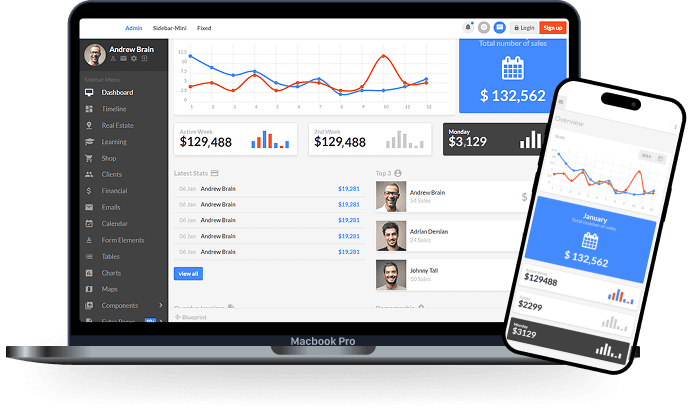 MarketSpire marketing analytics dashboard shown on a laptop and phone